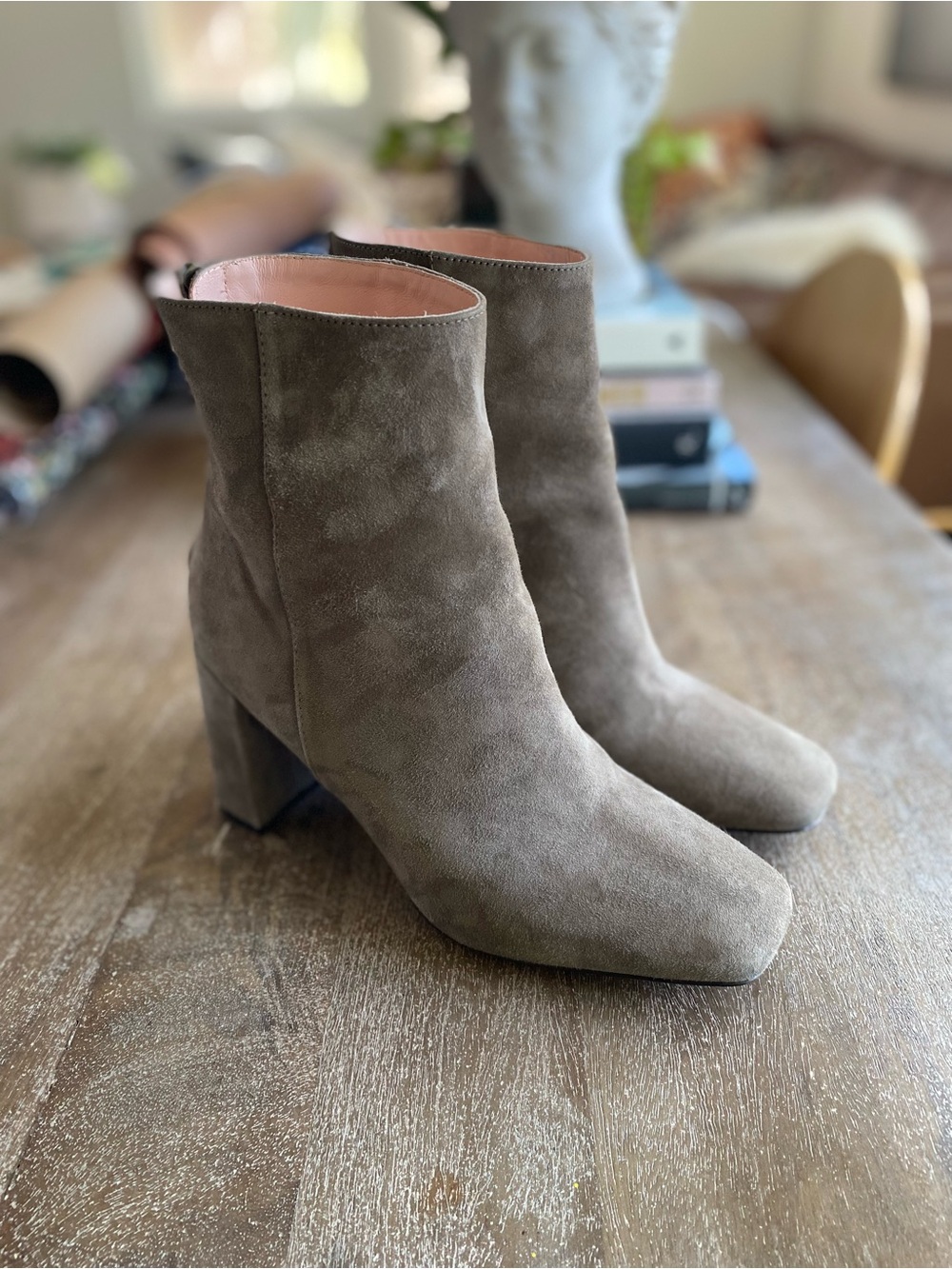 J. Crew  suede ankle boots in taupe.